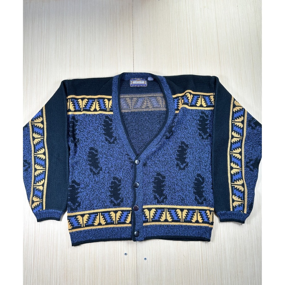 VTG American‎ Crusader Cardigan Sweater Womens Small Blue Printed Button Front